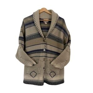 Woolrich Beige Shawl Collar Blue Striped Button Wool Cardigan Sweater